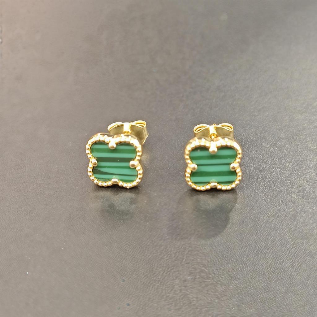 Серьги-гвоздики из стерлингового серебра 925 пробы с четырьмя цветочными листьями, 14-каратное золото, 7 мм, тигровый глаз