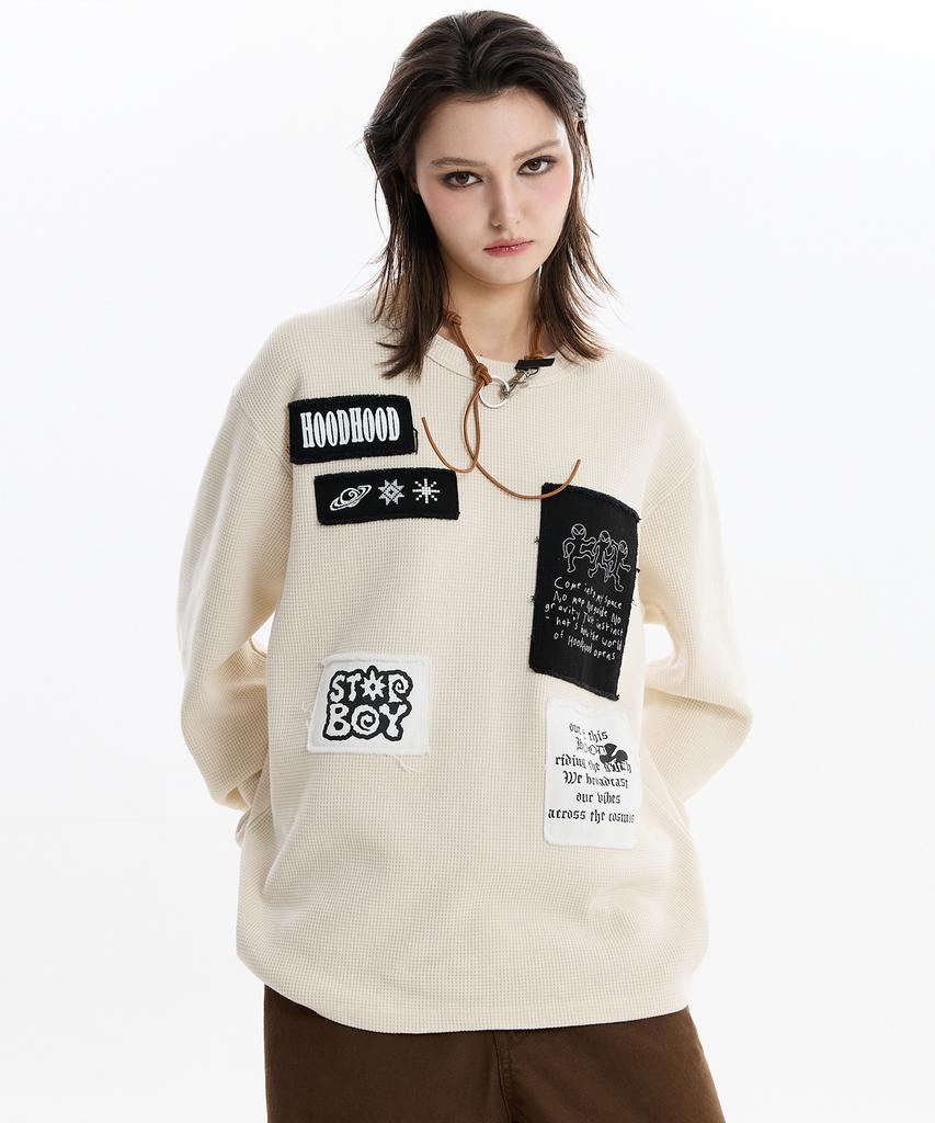 HOODHOOD Patchwork Waffle Long Sleeve T-Shirt Ivory