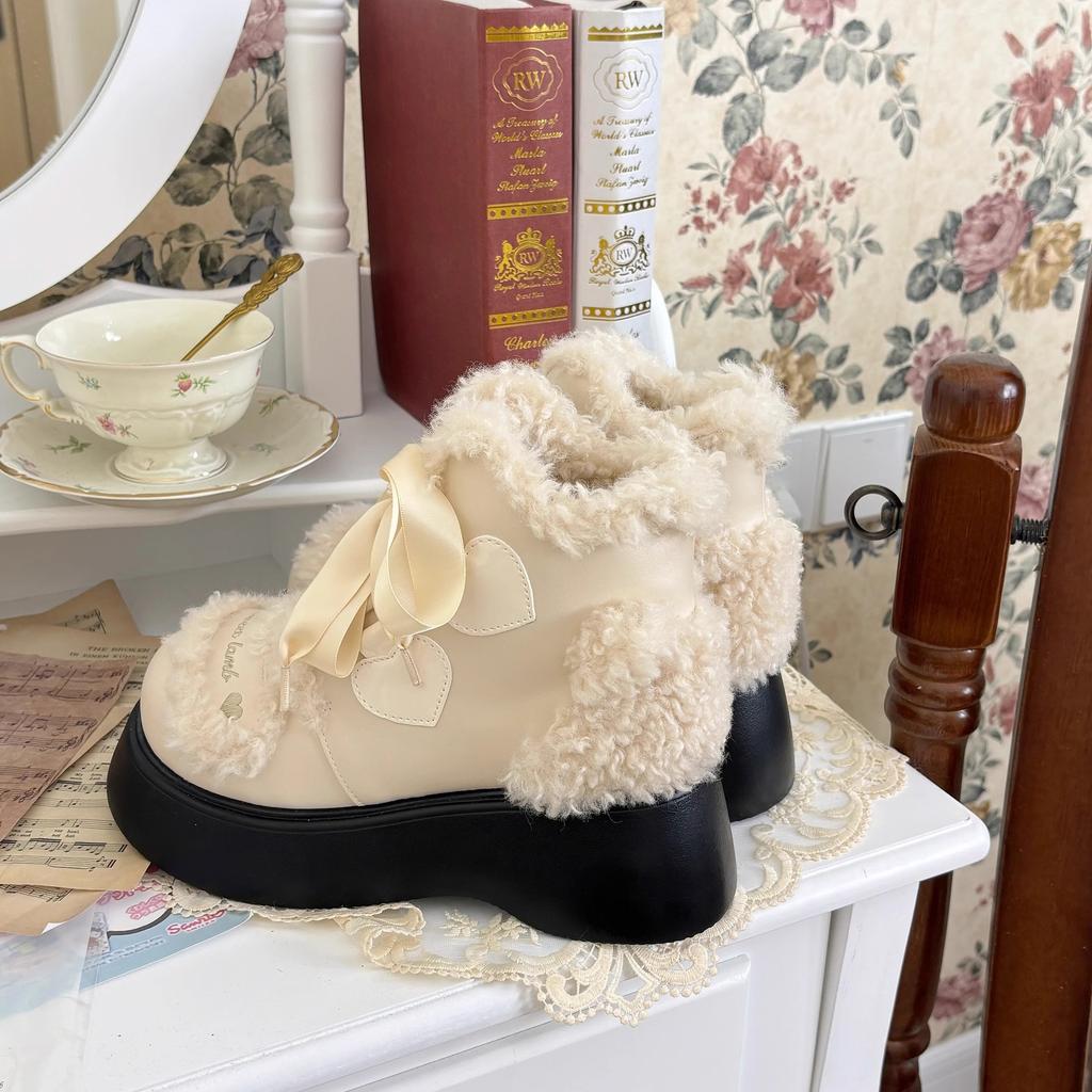 2024 Winter Platform Shoes Lolita Women Boots Plush Lovely Japanese Style Leather Shoes College Pink Bow Thick Sole Ladies Boot