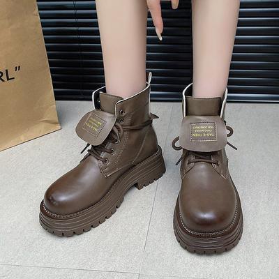 Женские ботильоны на водонепроницаемой платформе со шнуровкой на толстом каблуке, короткие ботинки, модные кожаные мотоциклетные ботинки в стиле панк 2025