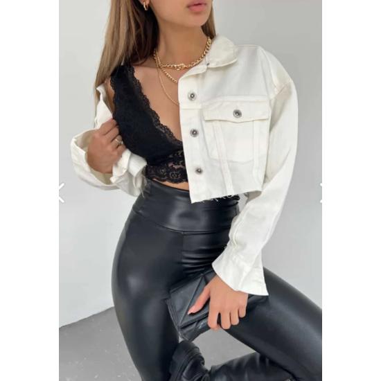 Women's Double Pocket Laser Cut Crop Denim Jacket