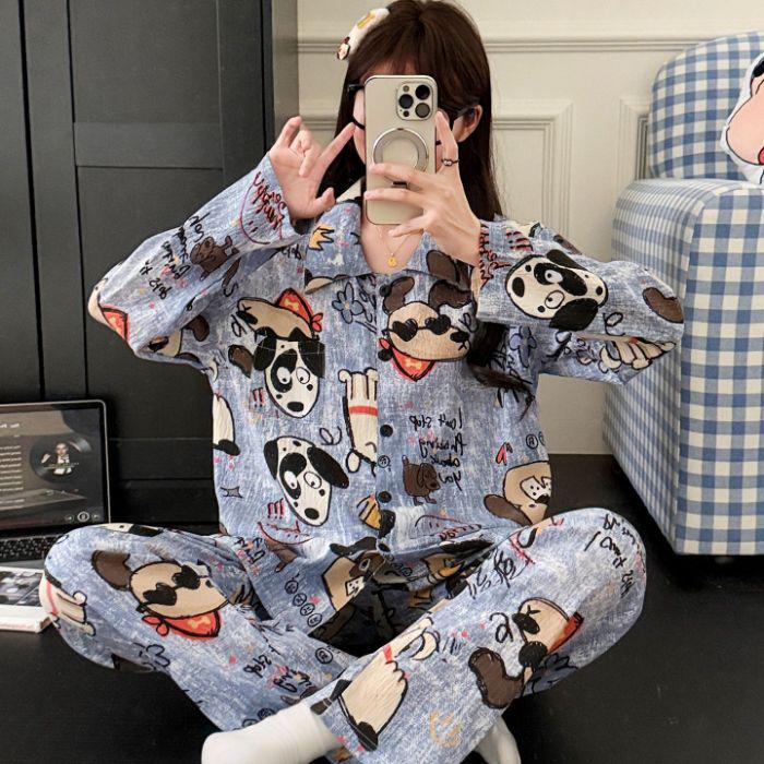 2025 Милый мультяшный женский пижамный комплект - Весенне-осенний кардиган с длинными рукавами и брюки