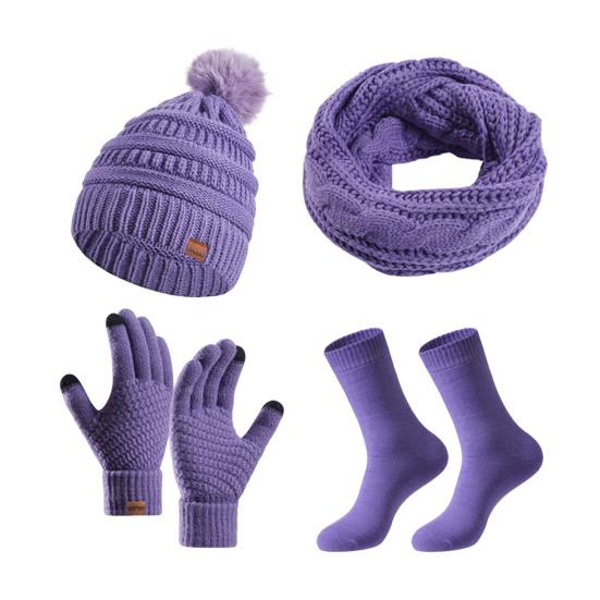 4 Pcs/Set Women Winter Hat Scarf Gloves Socks Set Thick Plush Knitted Warm Cap Touch Screen Gloves Elastic Ear Protection Windproof Winter Outdoor
