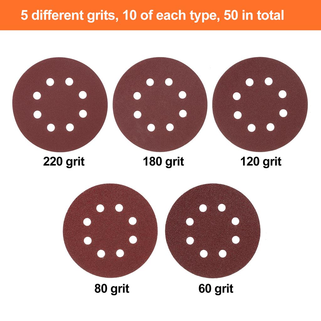 50Pcs Sanding Discs 5 Inch  125mm 8 Holes 220/180/120/80/60 Grit Sandpaper for Random Orbital Sander