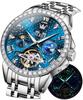 Men's Automatic Watch Mechanical Skeleton Diamond Popular Starry Sky Waterproof Date Luminous Watch for Men Stainless Steel Stylish Brand Blue