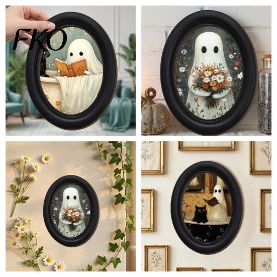 Cute Ghost Painting Halloween Wall Decor, Table Sign, Vintage Oval Framed Non-marking Art Picture, Decorative for Mantel Living Room Bedroom