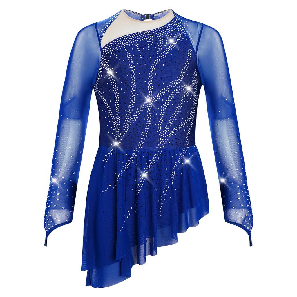 Girls Lyrical Dance Dress Sheer Mesh Long Sleeves Cutout Back Design with Sparkly Rhinestones Asymmetric Hem Skirt