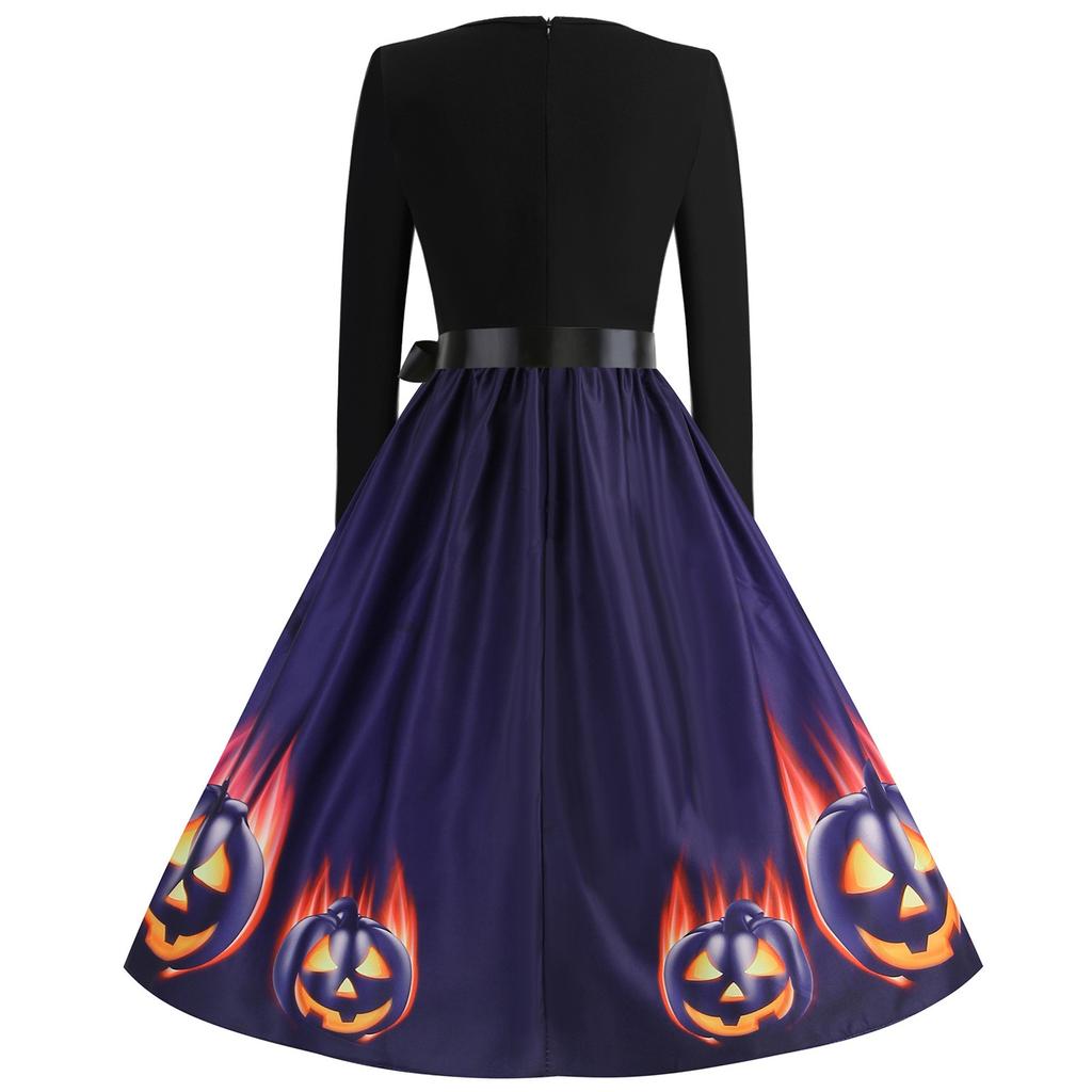 Women's Dresses Halloween Printed V-Neck Zip-Up Long Sleeve Dress Casual Vintage Cocktail Dress Party A-line Dress
