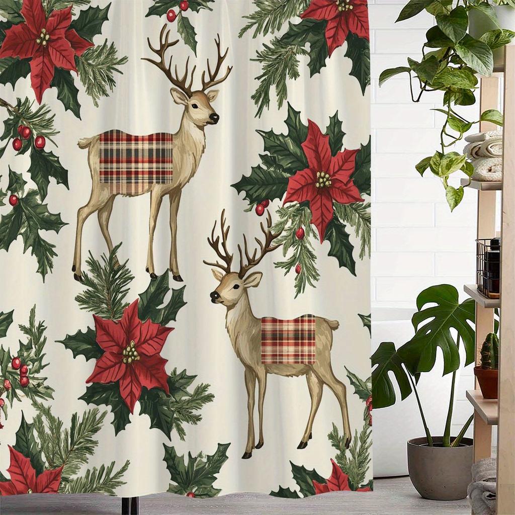 Open One Piece Vintage Winter Reindeer Poinsettia Print Shower Curtain, Window Curtain with 12 Hooks Curtain for Windows