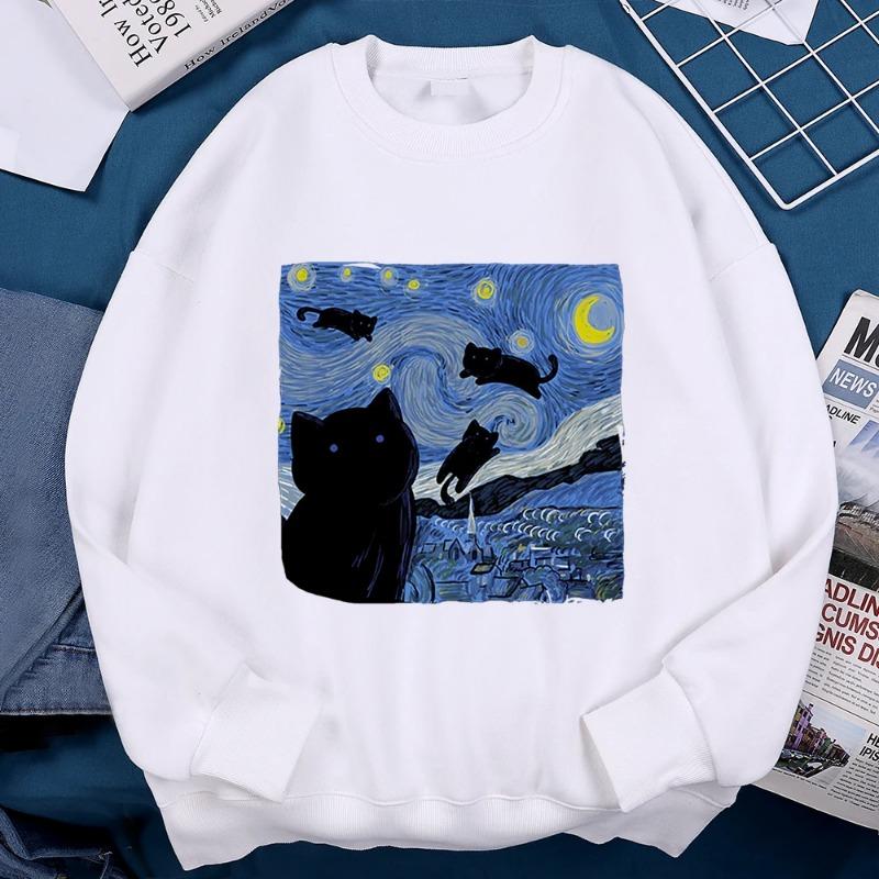 Oil Painting The Starry Cat Night Clothing Men Women Fashion Casual Hoodies Fleece Pullover Sportswear O-Neck Clothes Pullovers & Long Sleeves Women’s