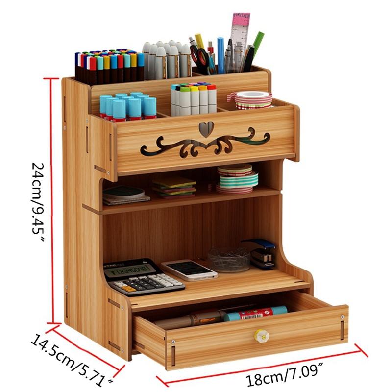 Wooden Pen Holder with Drawer Multi-Functional Desktop Stationary Pencil Box Home Office Art Supplies Organizer Rack