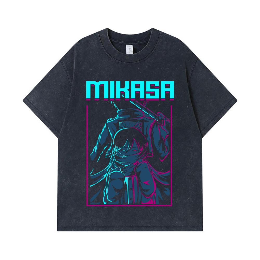 275 GSM Washed T-shirts 100% Cotton Attack on Titan V6 Mikasa Print Unisex Heavy Cotton T Shirt