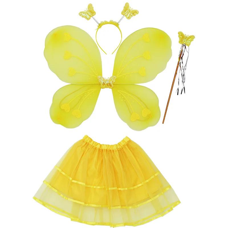 Girl Performance RolePlay Butterflies Costumes Princess Fairy Wings Magic Wand Headband Skirt 4Pcs Halloween Cosplay Party Props