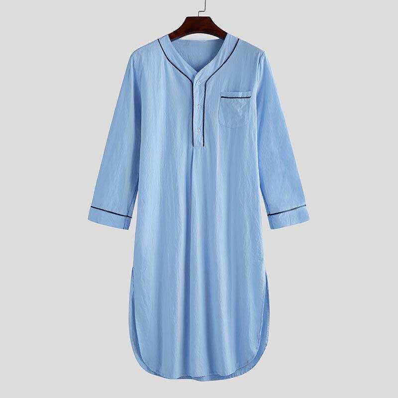 Men Kaftan Loose V Neck Long Sleeve Nightgown Pajamas Comfy Sleepwear Top Shirt Homewear Robe Casual Long Nightdress