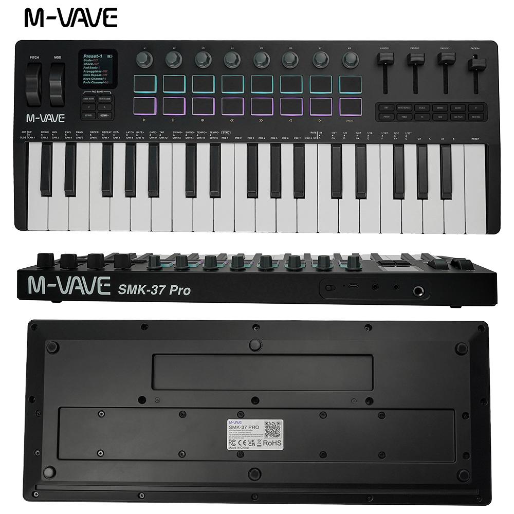M-VAVE SMK-37 37-клавишный PRO MIDI-клавиатура-контроллер с 16 RGB-пэдами и 8 ручками, поддерживает беспроводное подключение к нескольким системам