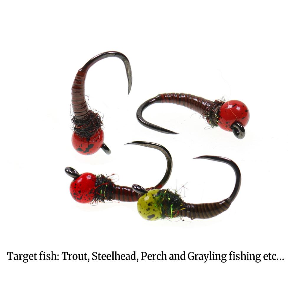 3 шт./4 шт. #12 #14 Быстро тонущие офсетные джиг-головки с вольфрамовой бусинкой без бородки, нимфы пердигон для ловли форели, черные с пятнышками