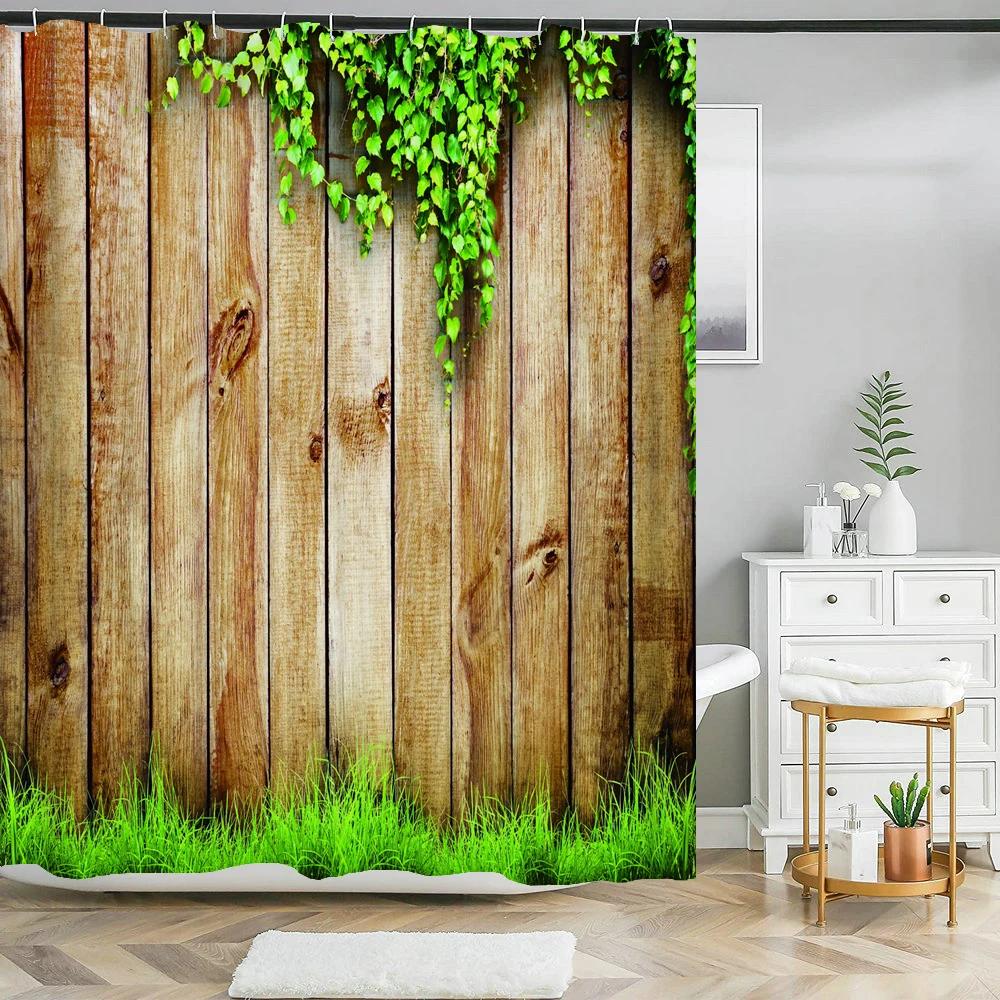 Деревенская шторка для душа Винтажные вертикальные деревянные доски Потертый деревенский дизайн из твердых пород дерева Тканевая шторка для ванной комнаты с крючками