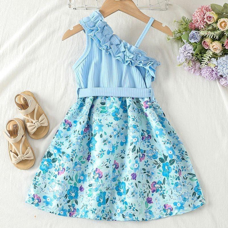 Летнее платье для девочек с цветочным принтом в стиле принцессы, платье с покатыми плечами и подтяжками, стильное детское платье принцессы
