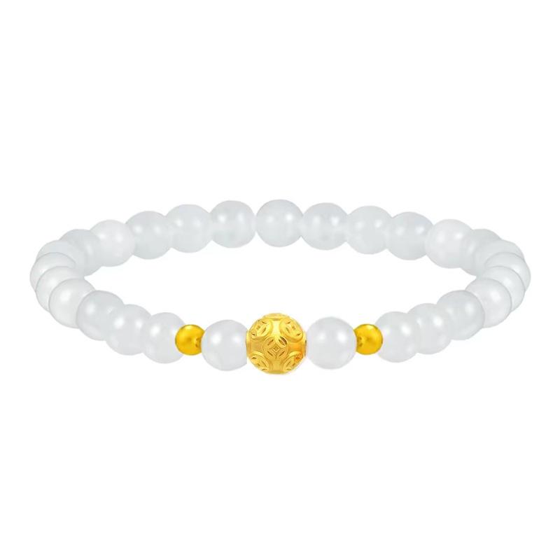 999 Pure Gold & Hetian Jade Women's Bracelet with Lotus, Seed Pod, Bamboo, and Lily of the Valley Design