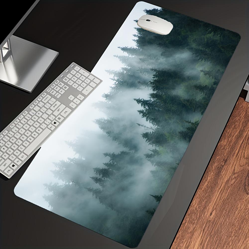 Large Gaming Mouse Pad Misty Forest Design Green Desk Mat Nonslip Rubber Base Stitched Edge Keyboard Pads PC for Office Decor