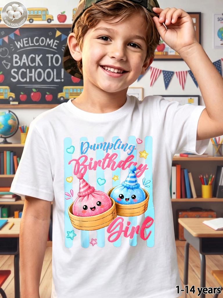 Dumpling Birthday Girl Cartoon Steamed Bun Print T Shirt Boys Girls Birthday Short Sleeve Tee Family Matching Kids Polyester Tops