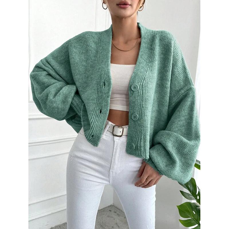 Knitted Cardigan Women's Autumn and Winter New Item Casual Loose V-neck Lantern Sleeves Knitted Sweater Women