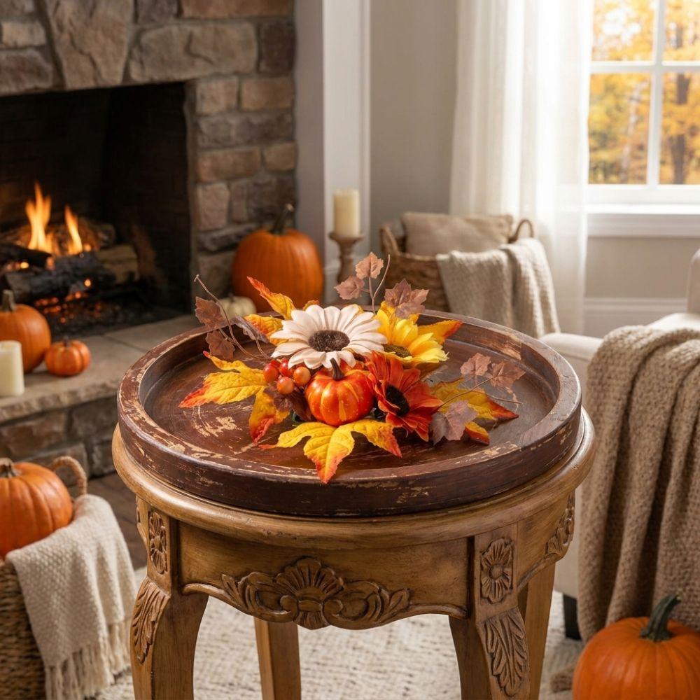 Simulation Candle Ring Wreath Pumpkin Maple Candle Holder Tabletop Wreath Halloween Decor