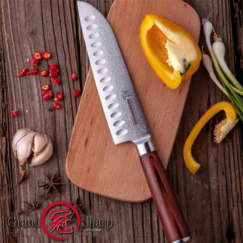 7-дюймовый нож Santoku из дамасской стали VG10, японский кухонный нож, кухонные принадлежности, деревянная ручка Pakka
