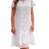 Summer Dress Hollow Lace Short Sleeve Pure Color Loose A-line Vintage Elegant Style V Neck Prom Party Dating Midi Dress