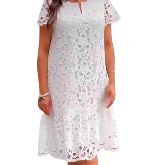 Summer Dress Hollow Lace Short Sleeve Pure Color Loose A-line Vintage Elegant Style V Neck Prom Party Dating Midi Dress