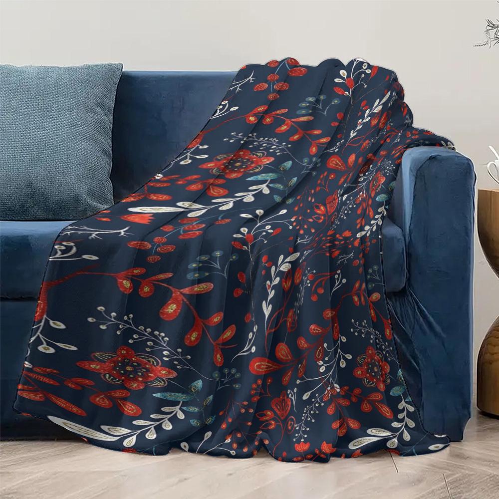 Dark Floral Print Fleece Blanket Soft Warm Throw Blanket For Sofa Bed Decorative Gift