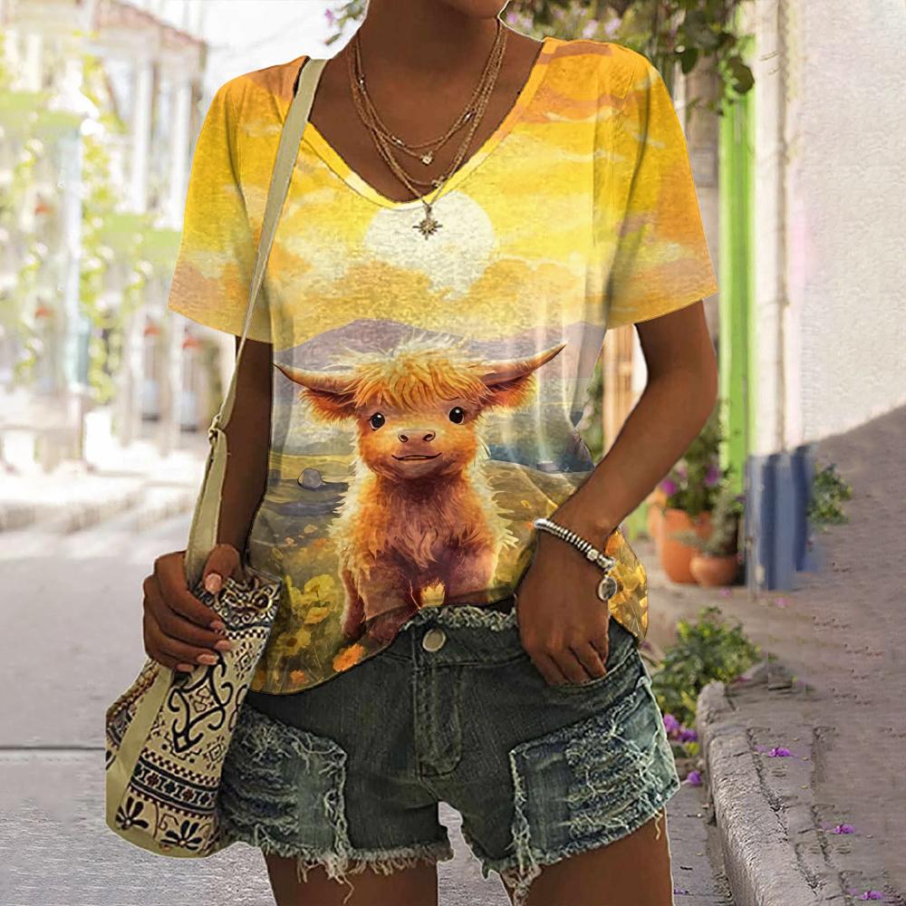 Женская футболка с изображением животных, летняя повседневная футболка с короткими рукавами, милый топ с принтом теленка, уличная мода с 3d принтом, женская одежда в стиле Харадзюку с v-образным вырезом