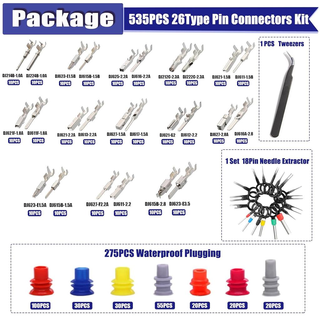 535PCS 26Type Pin Connectors Kit,Car Electrical Wire P 1/1.5/1.8/2.2/2.8/3.5mm Automotive Pin Connectors Kit Wire Removal Non-ulated Plug Male Female