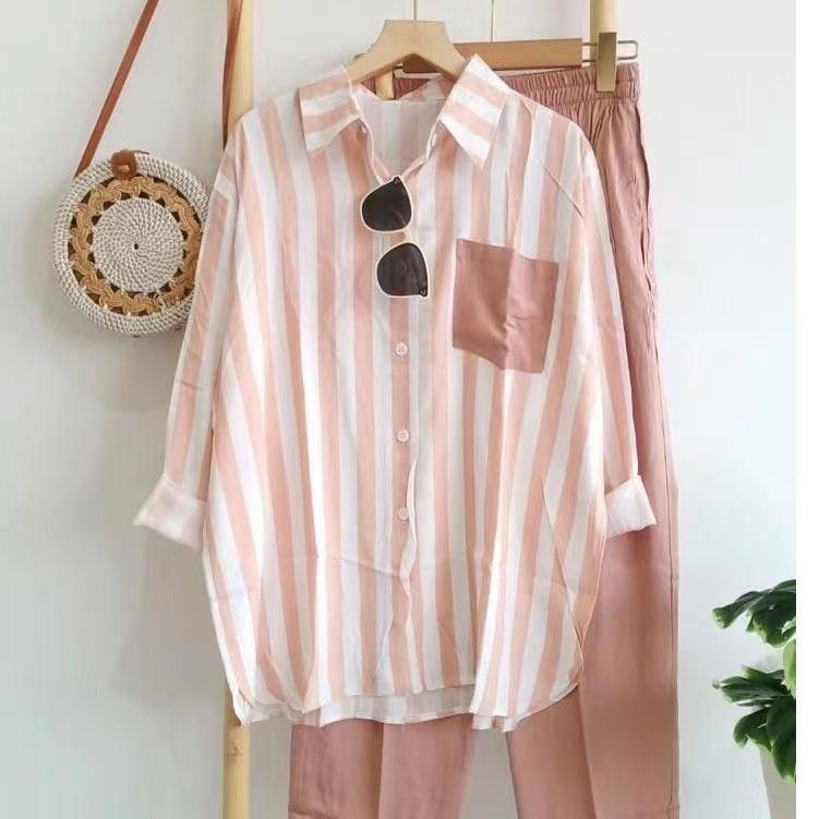 Women'sSummer Fashion Shirt Suit Loose Slim Comfortable Casual Striped Two-piece Set 2 Piece Set Women