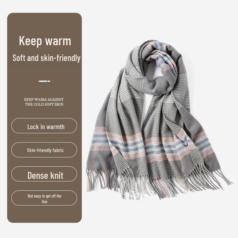Korean Style Plaid Double-Sided Warm Thick Scarf for Couples and Students, Versatile Autumn/Winter Neck Warmer Shawl