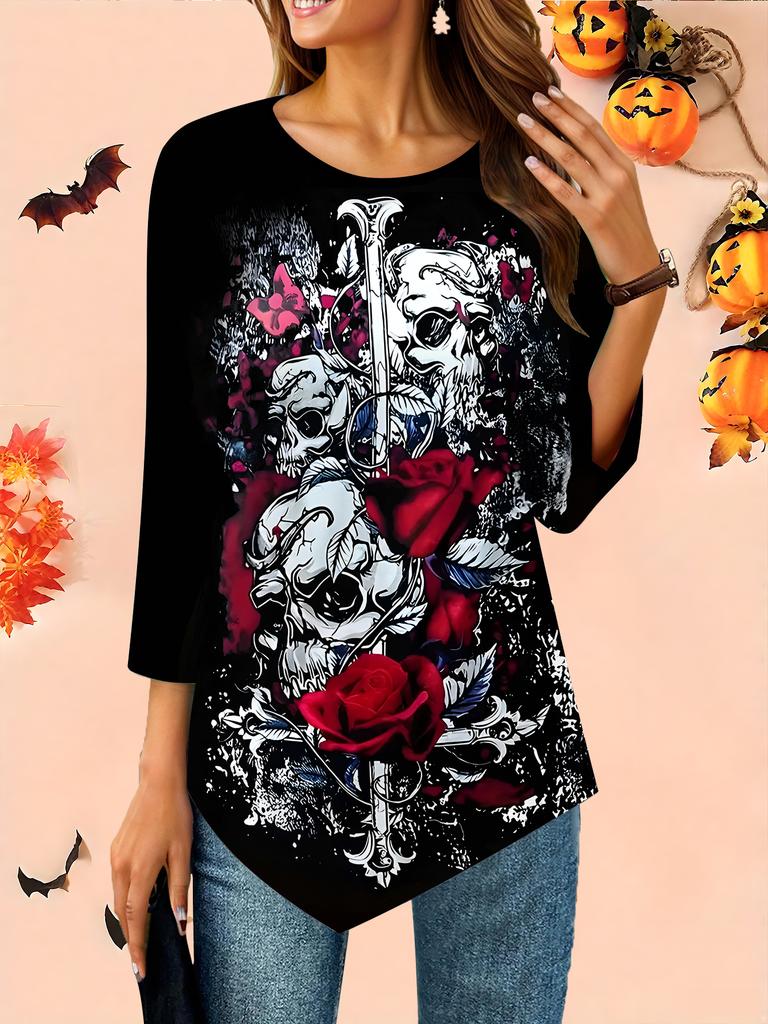 Женская свободная футболка с круглым вырезом и рукавом три четверти, 3D-рисунок на Хэллоуин, идеальный подарок на Хэллоуин и Рождество