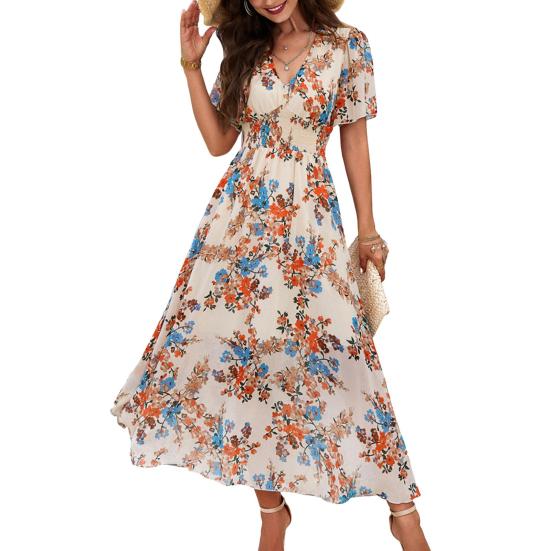 Женское летнее платье макси в стиле бохо с глубоким V-образным вырезом, оборками и короткими рукавами, шифоновый пляжный сарафан, повседневные длинные платья с цветочным принтом