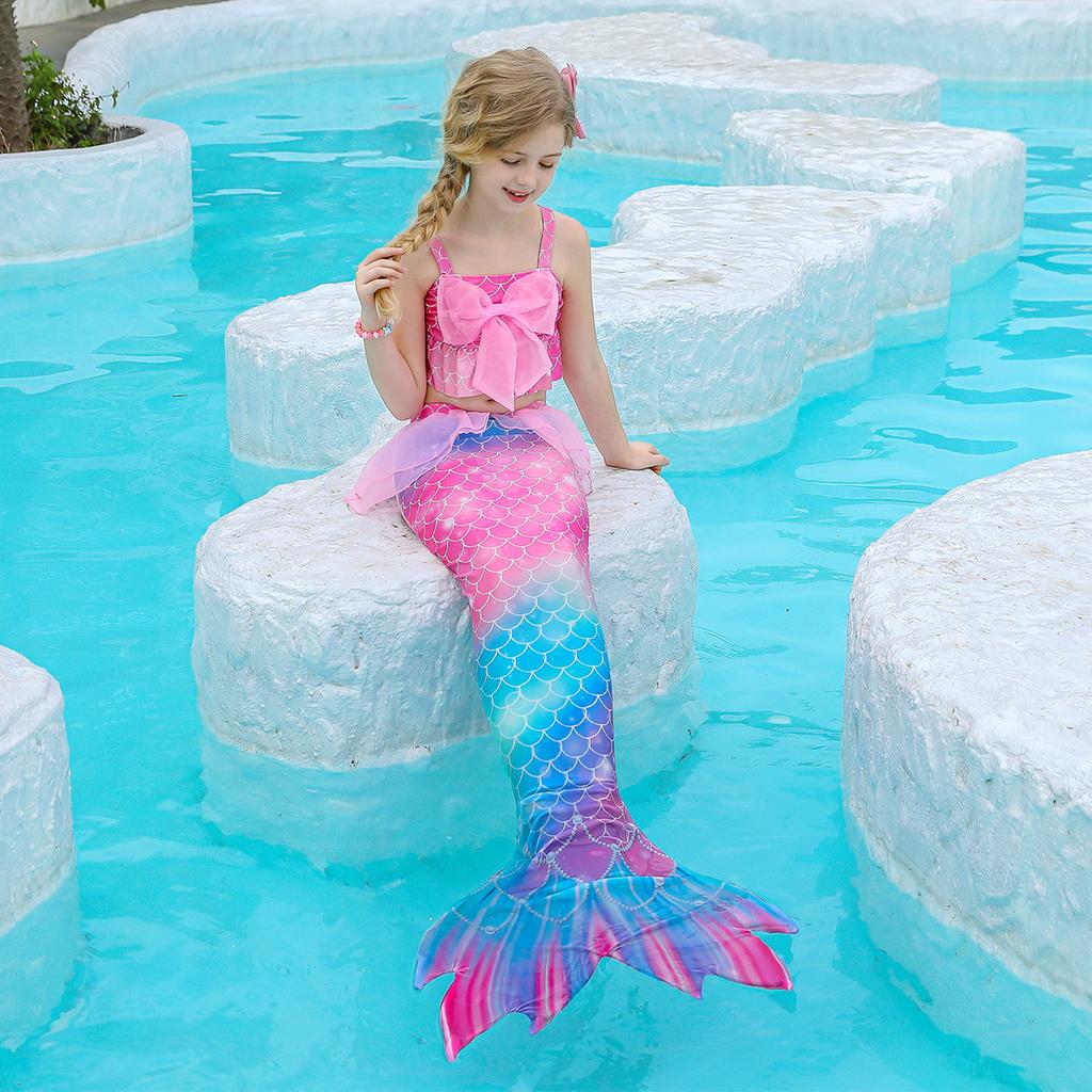 Купальник из 3 предметов для девочек, купальник с хвостом русалки для плавания, костюм принцессы русалки, комплект бикини для детей от 3 до 12 лет, лето 2024 г.