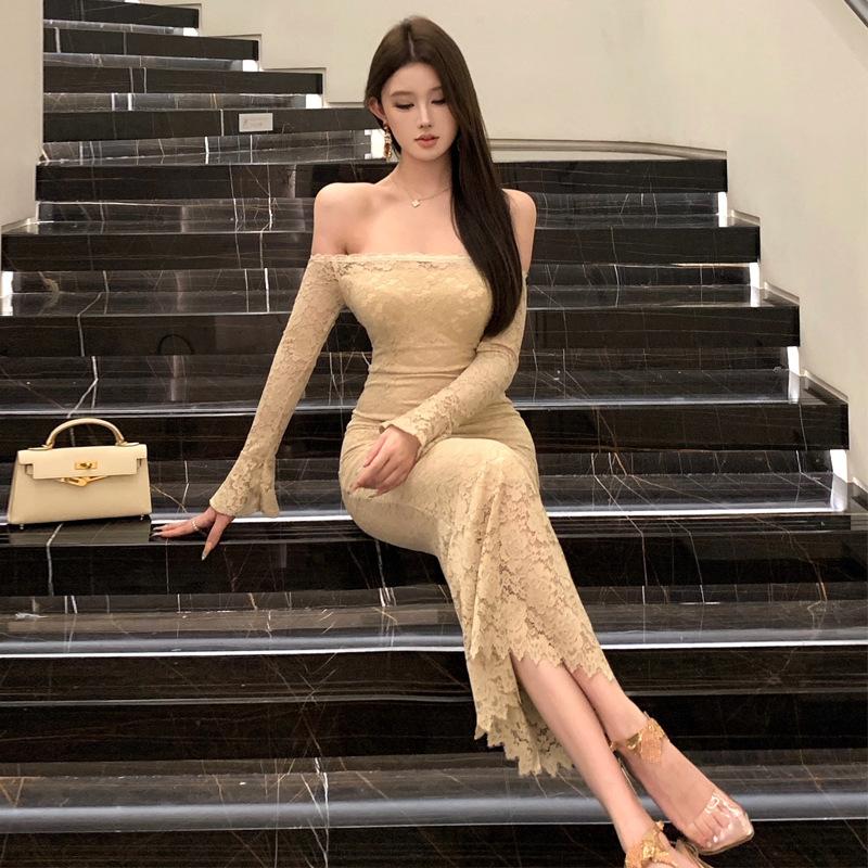 Women's Clothing French Royal Sister One-word Shoulder Lace Slim-fit Dress