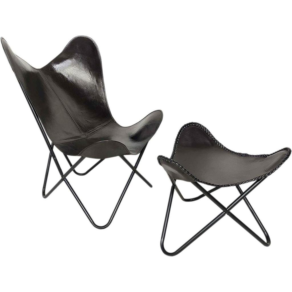 Хандмаде черный кожаный стул-бабочка с подставкой для ног складным креслом для отдыха