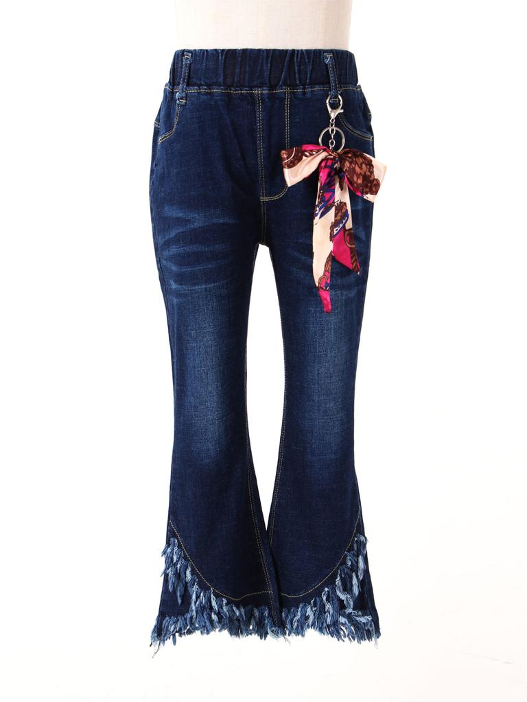 Детские длинные брюки для девочек, расклешенные джинсы, повседневные джинсовые брюки с бантом и кисточками, брюки-клеш