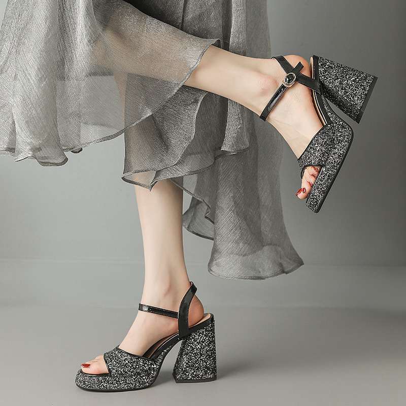 Krazing Pot Sequin Cloth Peep Toe Super High Heels Summer Shoes Buckle Straps Modern Party Fashion Women Sandals