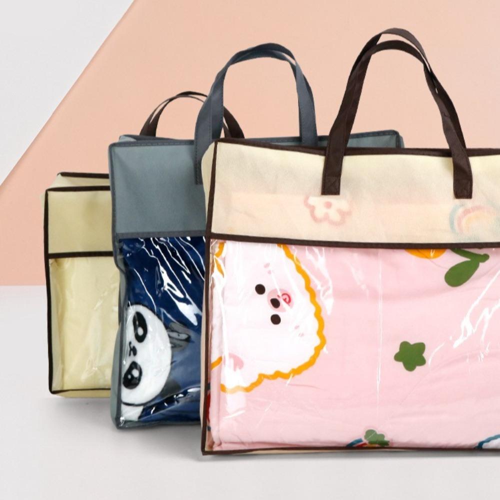 Transparent Clothes Storage Bag Non-woven Zipper Closure Dustproof Bag Large Capacity Handle Quilt Storage Bag Household Use