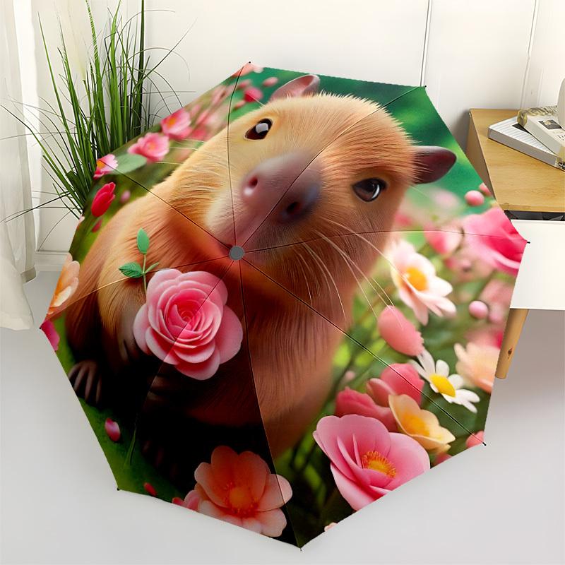 1pc Capybara Flower Automatic Folding Umbrella, 8-Rib Iron Frame, Casual Outdoor Accessory for Birthday Festival Gifts yy251128190