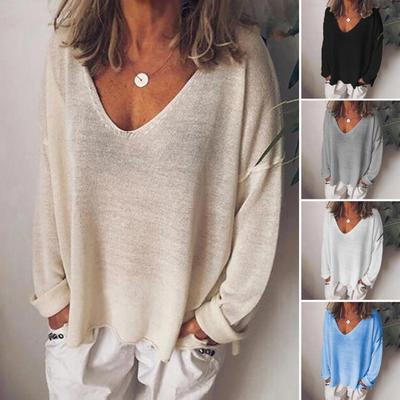 Женская футболка с V-образным вырезом и длинным рукавом, свободная футболка, однотонная, дышащая, повседневная, пуловер, топы, повседневная одежда