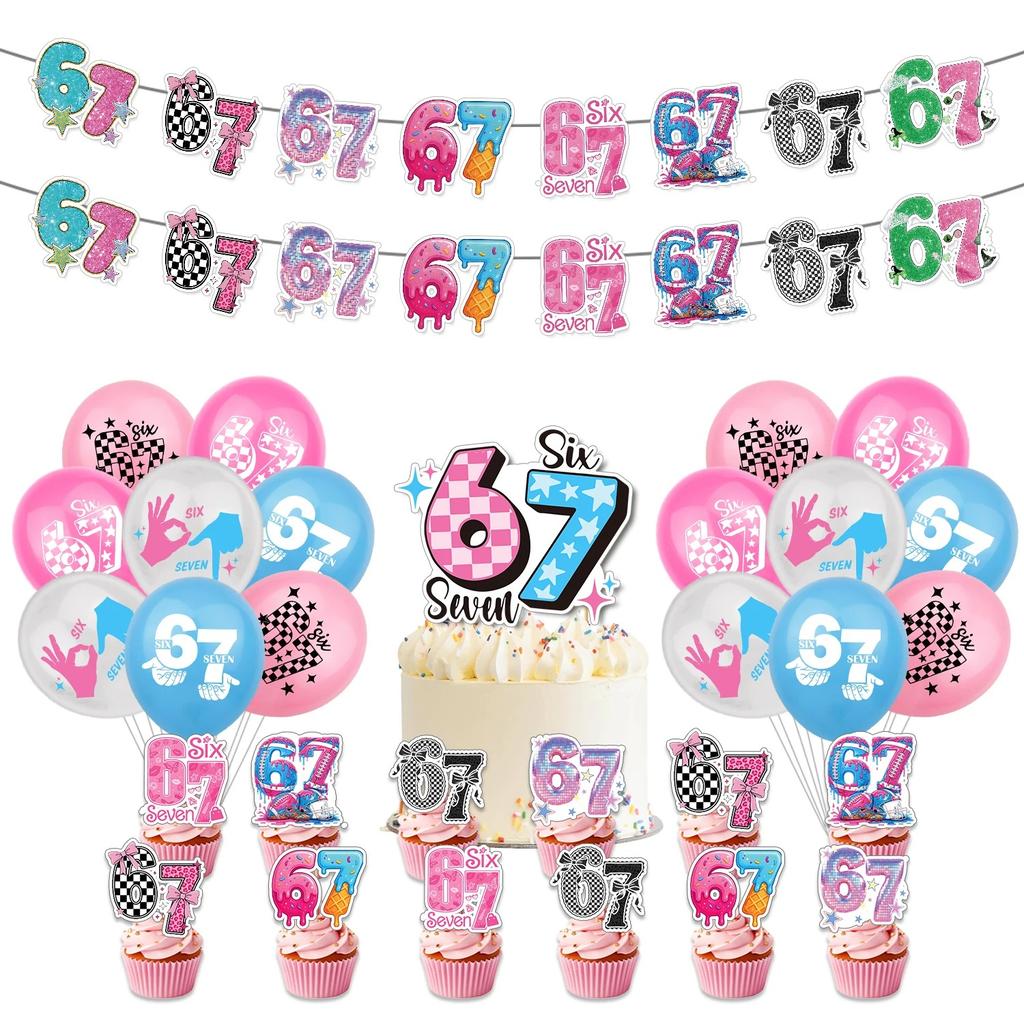 Happy 67 Six Seven Themed Party Decorations, Blue Pink 67 Themed Party  Decorations Set Includes Banner,Cupcake Toppers, Ballon