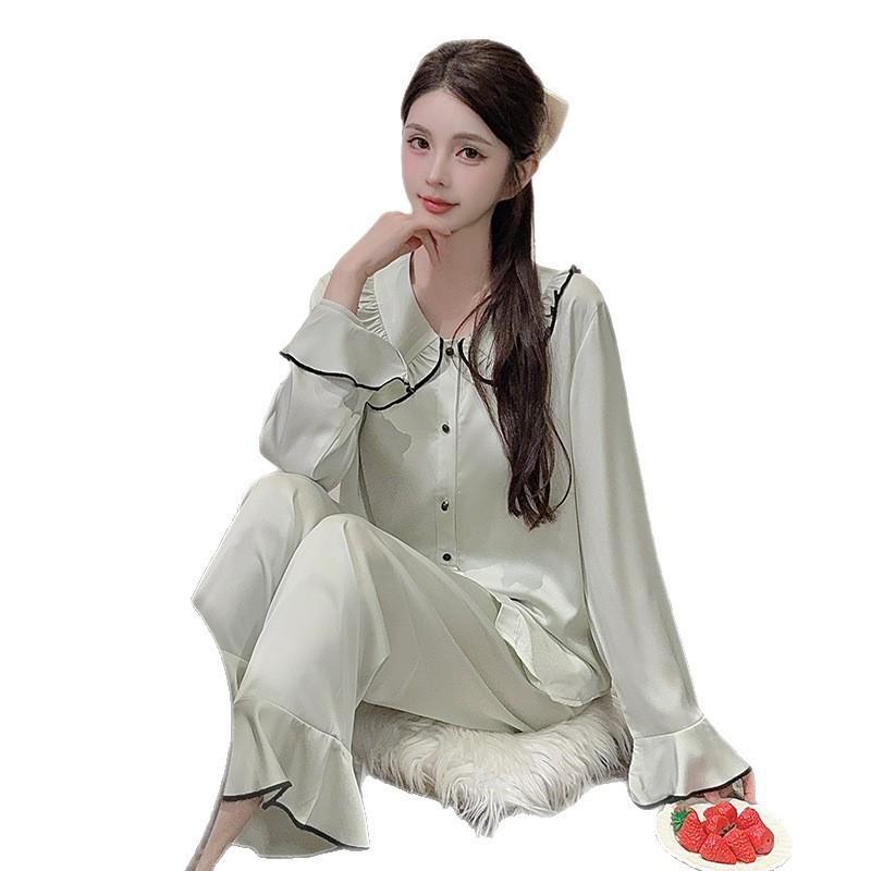 Ice silk pajamas women's spring and autumn new doll collar sweet princess style high-end long-sleeved trousers loungewear set