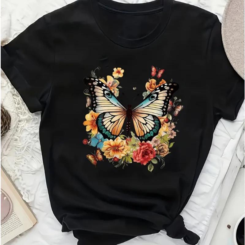 Модная женская футболка с цветочным принтом и принтом бабочек, забавная повседневная футболка с короткими рукавами и круглым вырезом, летняя женская футболка