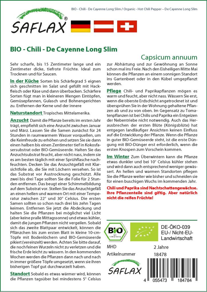 SAFLAX Garden in the Bag - Органический - Острый перец чили - De Cayenne Long Slim - 10 семян - С субстратом в подходящем пакете - Capsicum annuum