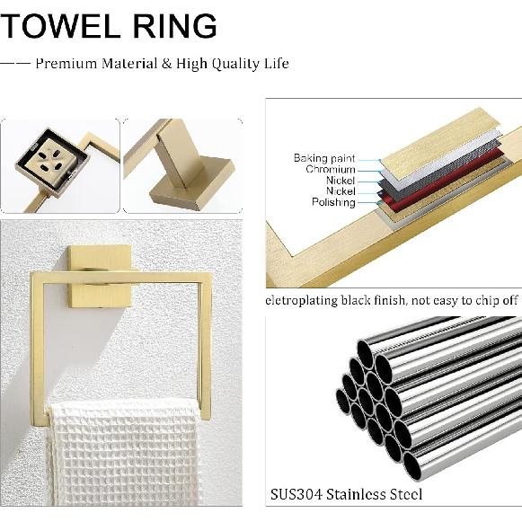TQKAG Brushed Gold Towel Ring Bathroom Hand Towel Holder Stainless Steel Square Towel Bar Hangers Wall Mounted